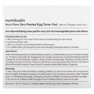 Numbuzin  Disque tonique aux œufs exfoliants, N° 4 pores, 70 disques, 190 ml 03Parapharm - Algérie, Beauté, Santé , Bien-être...